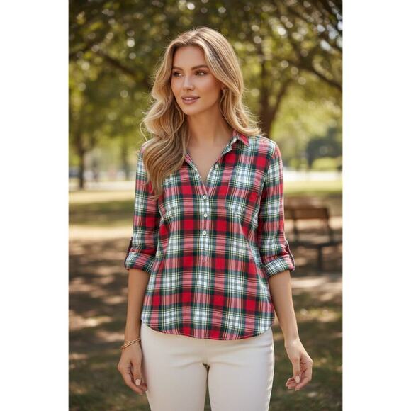 J. Crew Tops - *J.CREW* Plaid Cottagecore Popover Flannel Shirt Tartan Pattern Women's XS